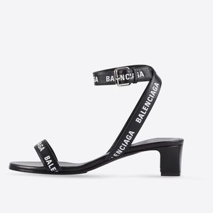 BALENCIAGA WOMEN'S ALLOVER LOGO ROUND 40MM ANKLE STRAP SANDAL IN BLACK/WHITE36.5